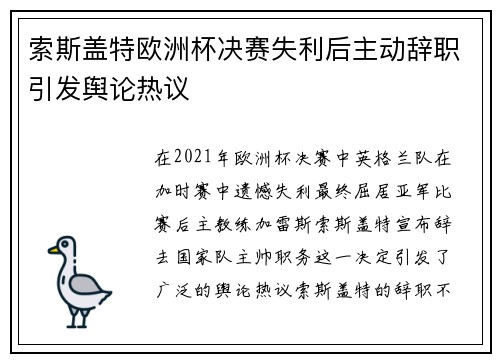 索斯盖特欧洲杯决赛失利后主动辞职引发舆论热议 索斯盖特欧洲杯决赛失利后主动辞职引发舆论热议
